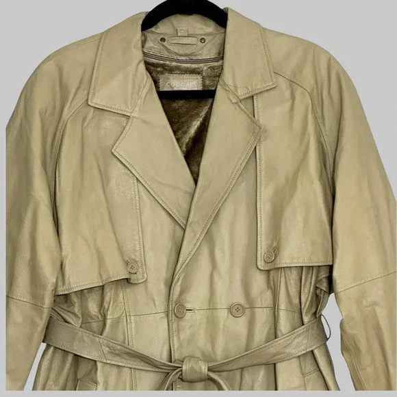 VTG COUGAR Mens‎ Coat XL Beige 100% Leather Belted Trench Zip Out Lining Classic
